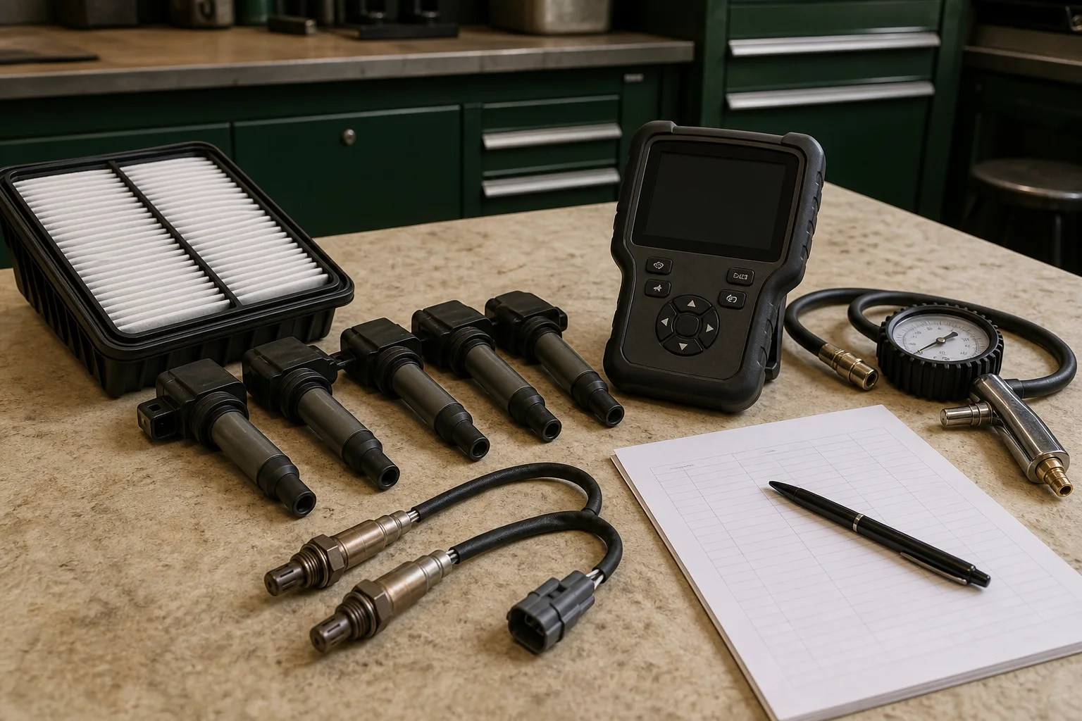 RAV4 fuel economy diagnostic scene with physical air filter, ignition coils, oxygen sensor, scan tool and fuel log on workshop bench; RAV4 homepage maintenance card