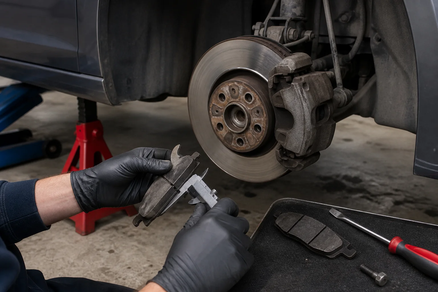 Physical brake pads, caliper and thickness gauge during a real wheel-off brake inspection in a clean professional workshop; RAV4 homepage maintenance card