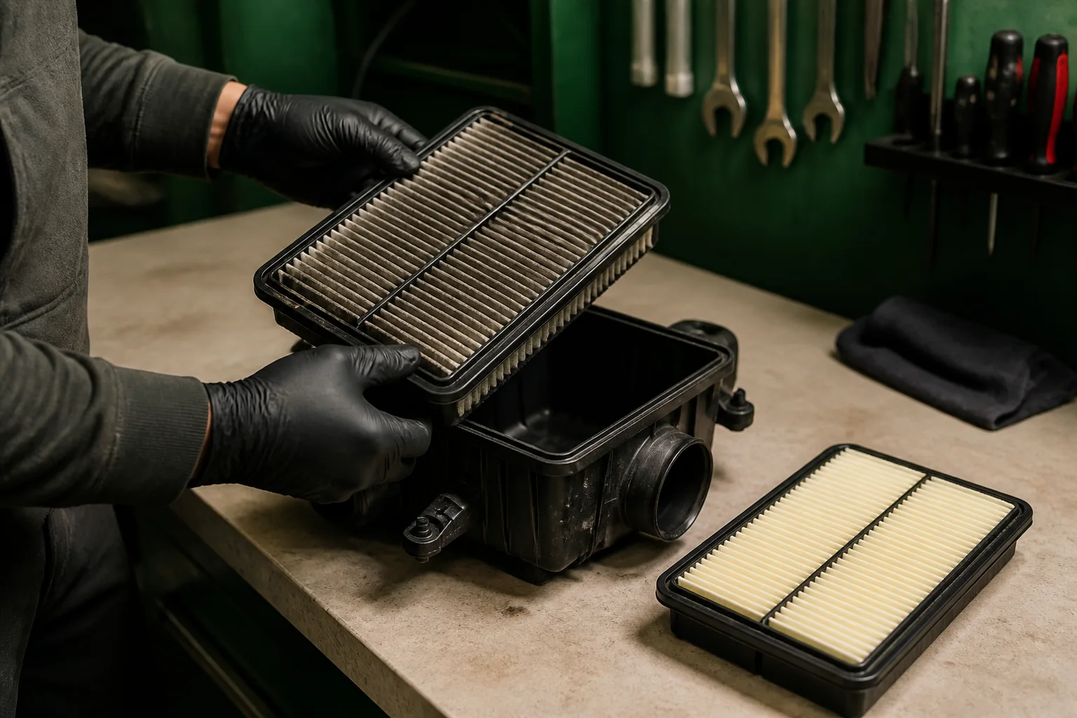 Hands inspecting a physical rectangular RAV4-style engine air filter beside an open unbranded air box in a clean workshop; RAV4 homepage maintenance card