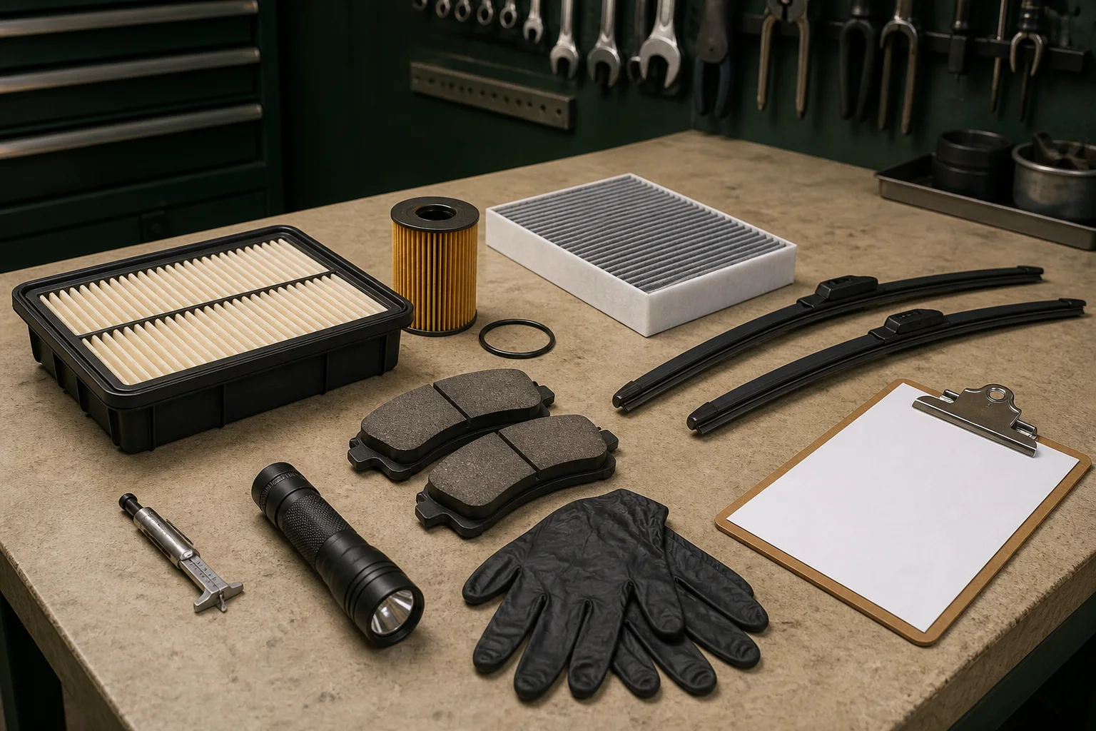 RAV4 maintenance inspection scene with clean filters, wiper blades, brake inspection tools and a written checklist arranged on a real workshop bench; RAV4 homepage maintenance card