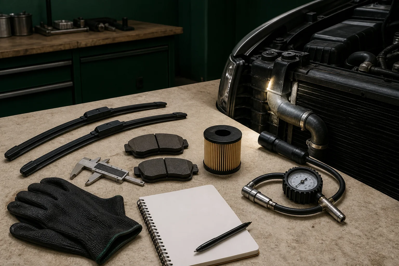 RAV4 pre-trip inspection scene with physical wiper blade, brake pad gauge, coolant inspection light, oil filter and travel checklist; RAV4 homepage maintenance card