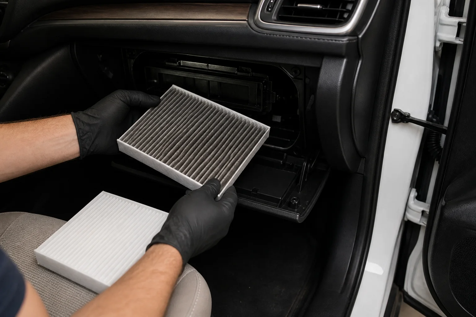 Physical white and charcoal cabin air filters beside an open glovebox filter access cover in a clean unbranded vehicle interior; RAV4 homepage maintenance card