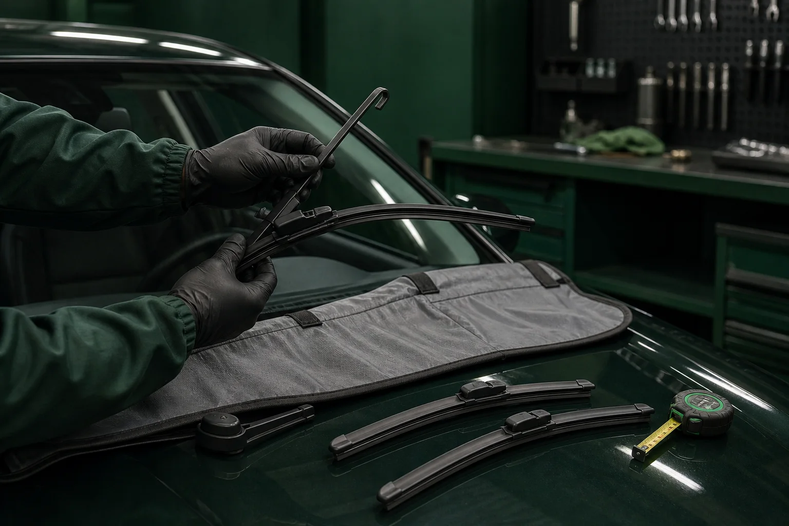 Hands fitting a physical beam wiper blade to an unbranded hook-style arm with two other measured blades on a workshop mat; RAV4 homepage maintenance card