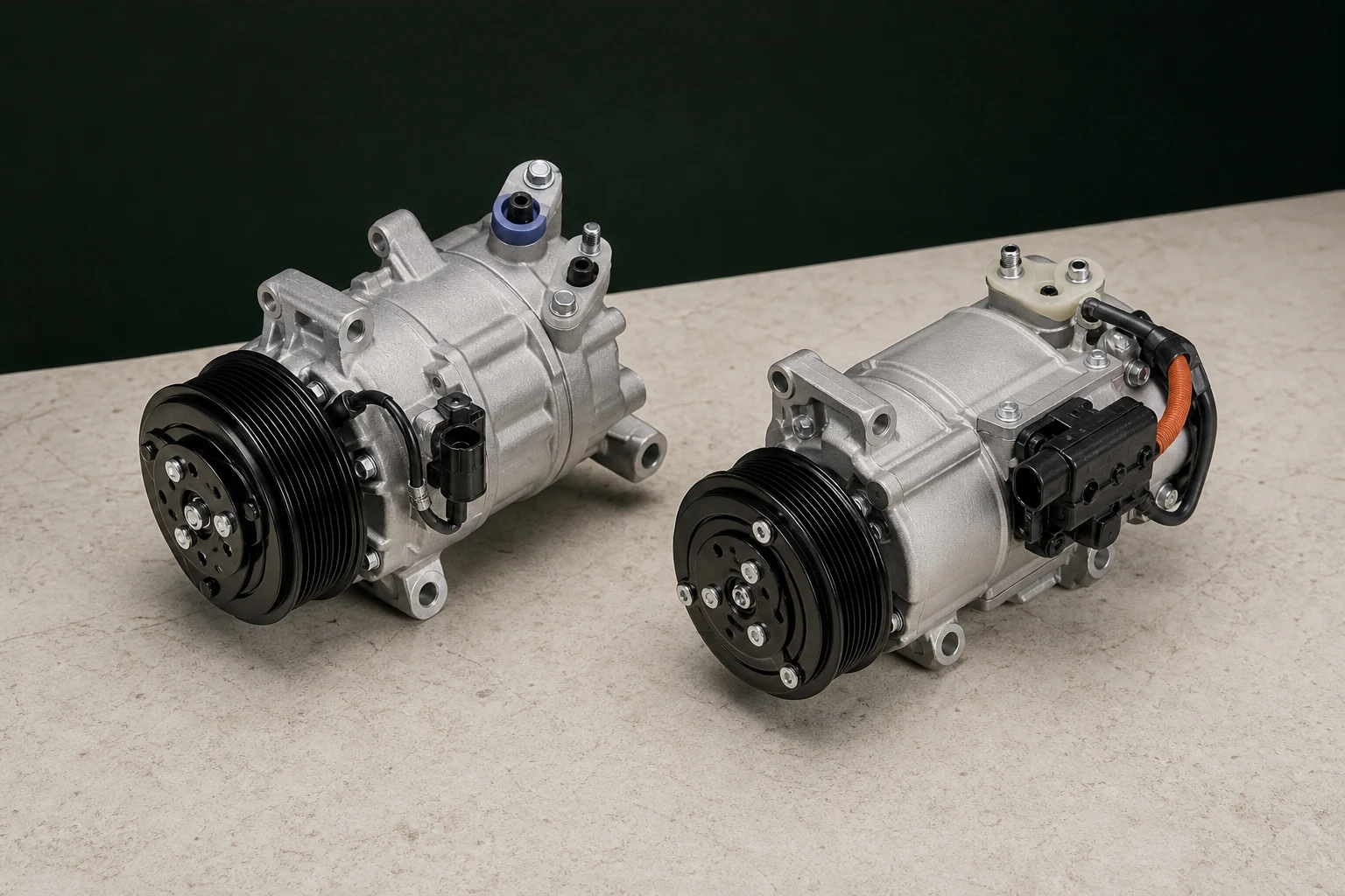 Two unbranded A/C compressors showing pulley-driven and electric configurations