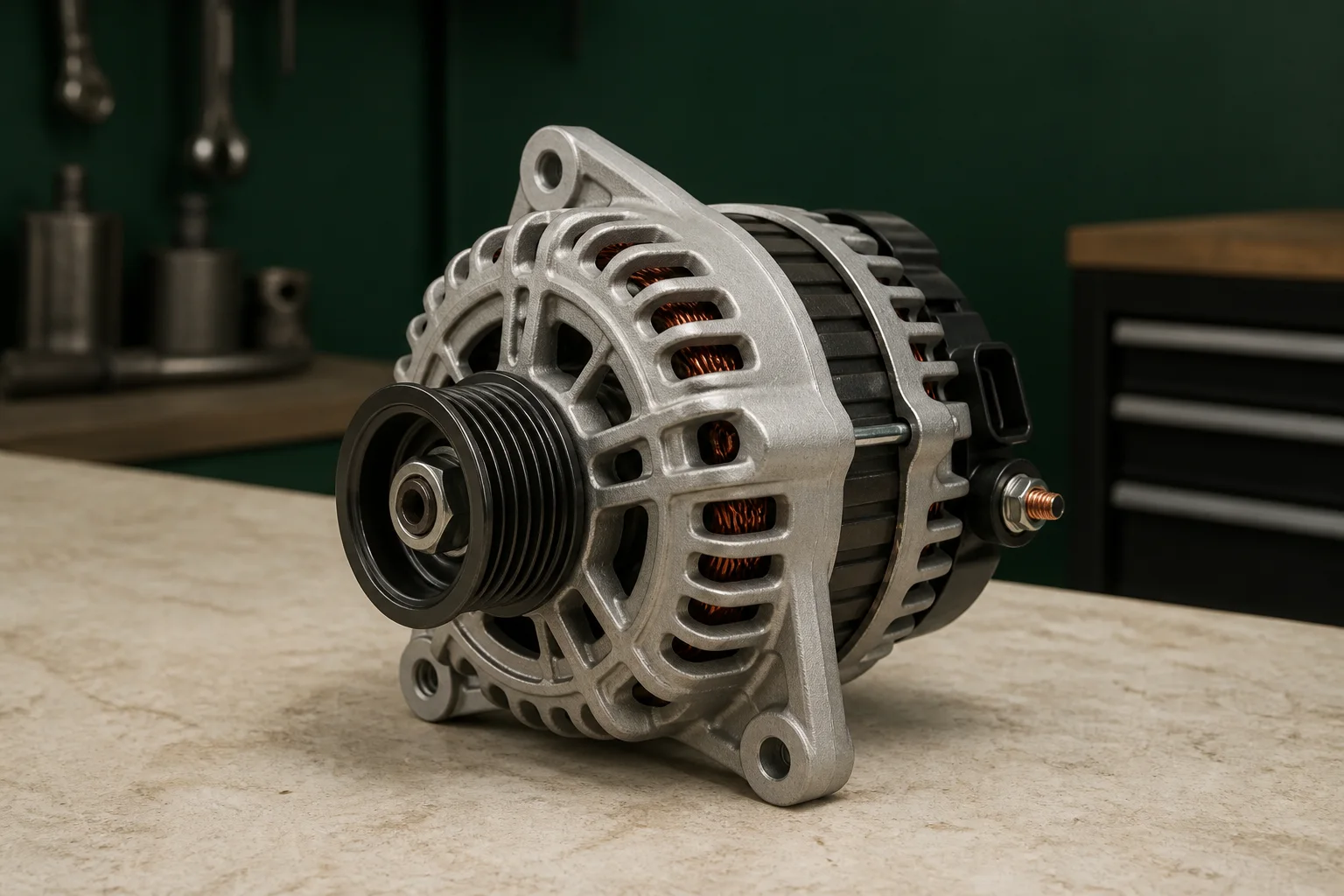 Unbranded automotive alternator showing vented aluminum housing, multi-rib pulley, mounting ears, output terminal and regulator connector