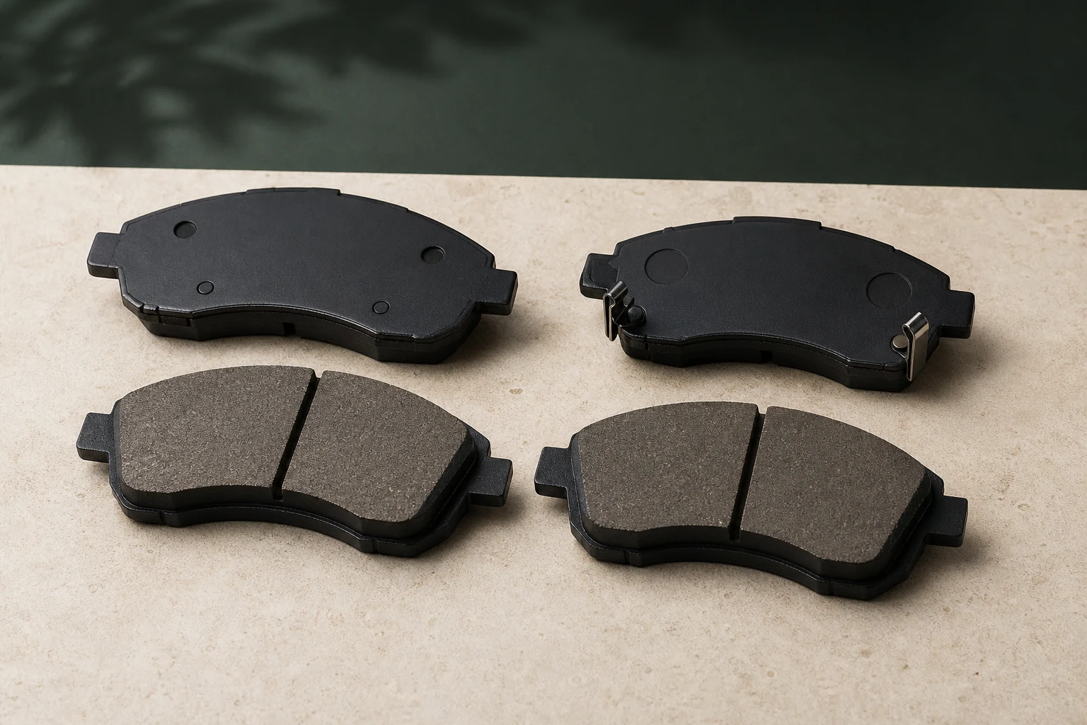 Four unbranded brake pads showing two backing-plate shapes for comparison