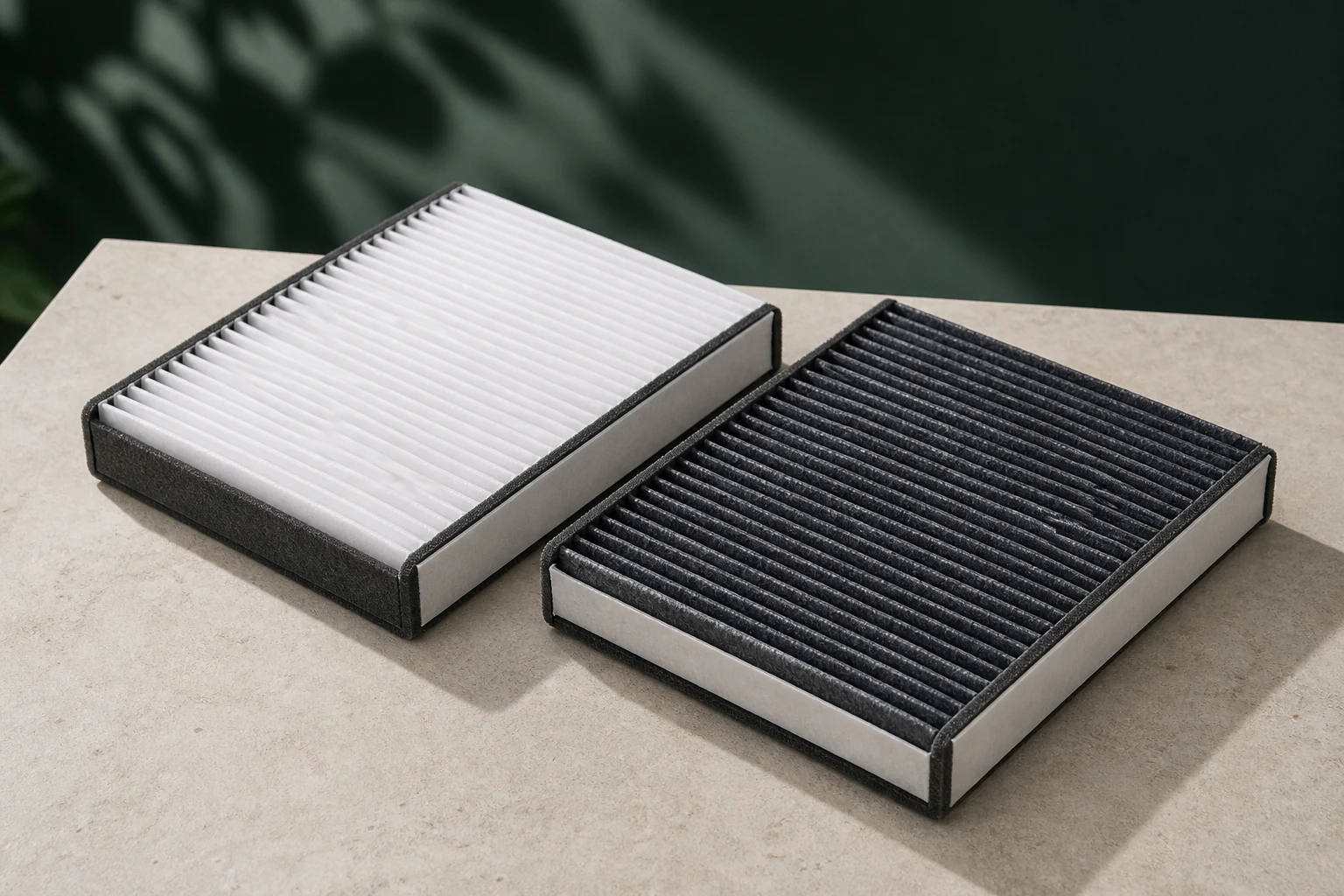 Two unbranded cabin air filters with white and charcoal media