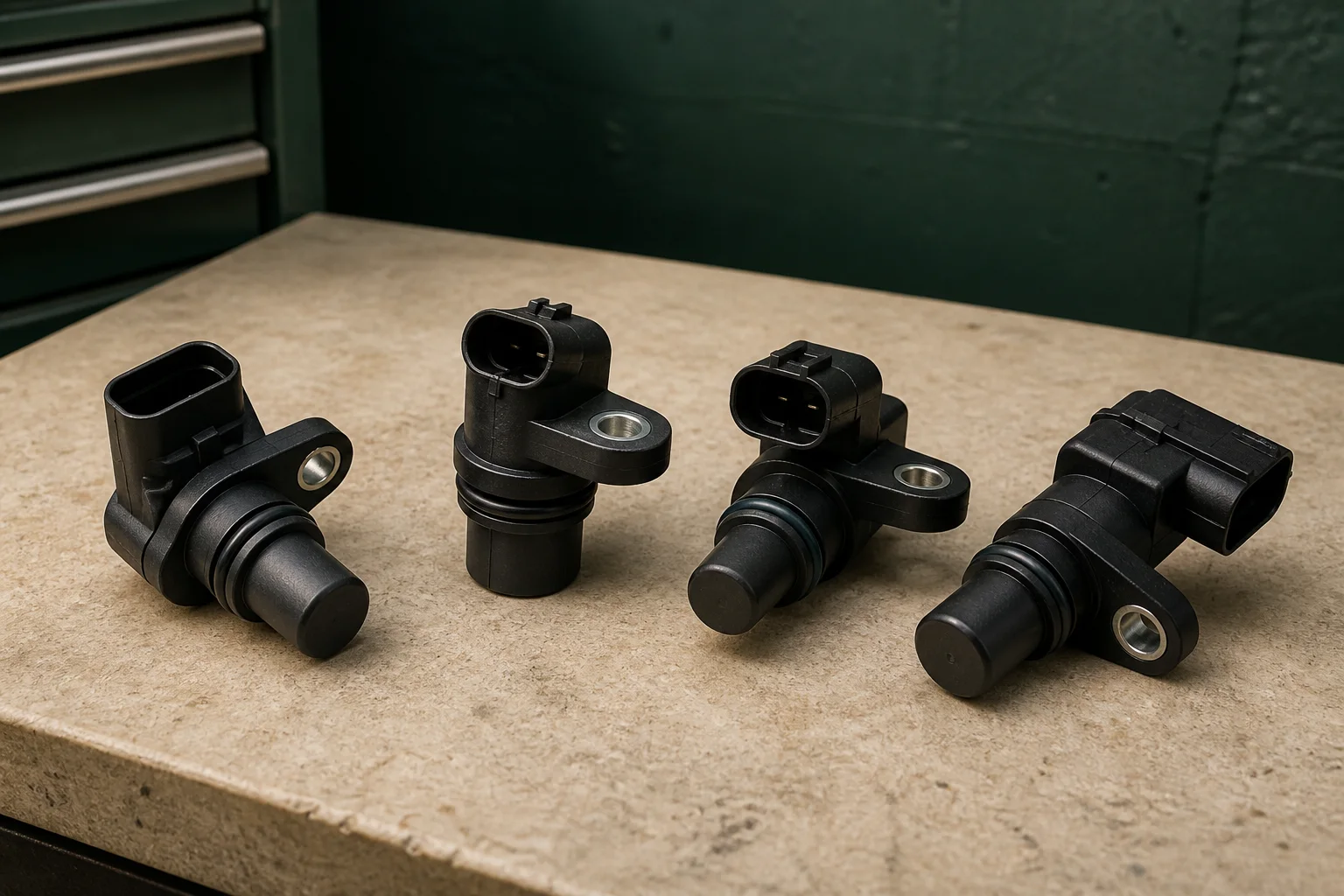 Several unbranded camshaft position sensors with compact sensing tips, mounting flanges, O-rings and different keyed connectors