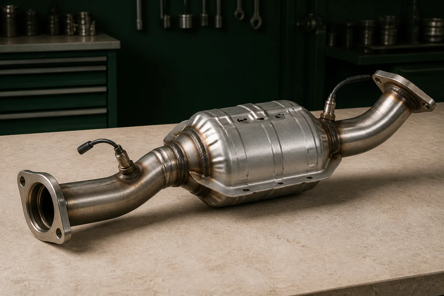 Unbranded automotive catalytic converter with stainless exhaust pipe sections, flanges, oxygen sensor bungs and heat shield