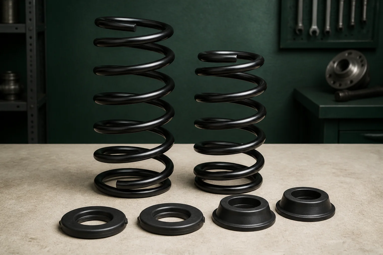 Two unbranded black automotive coil springs with visible end shapes and rubber spring-seat isolators