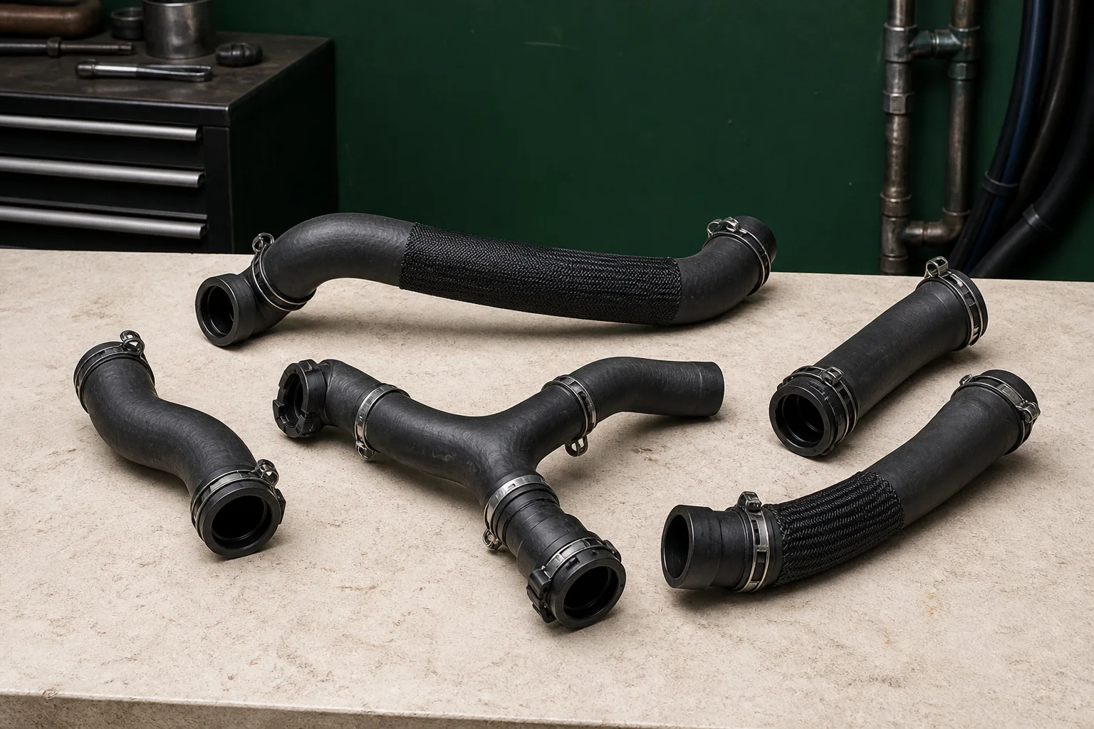 Several unbranded molded automotive coolant hoses with branches, quick connectors and spring clamps arranged by circuit