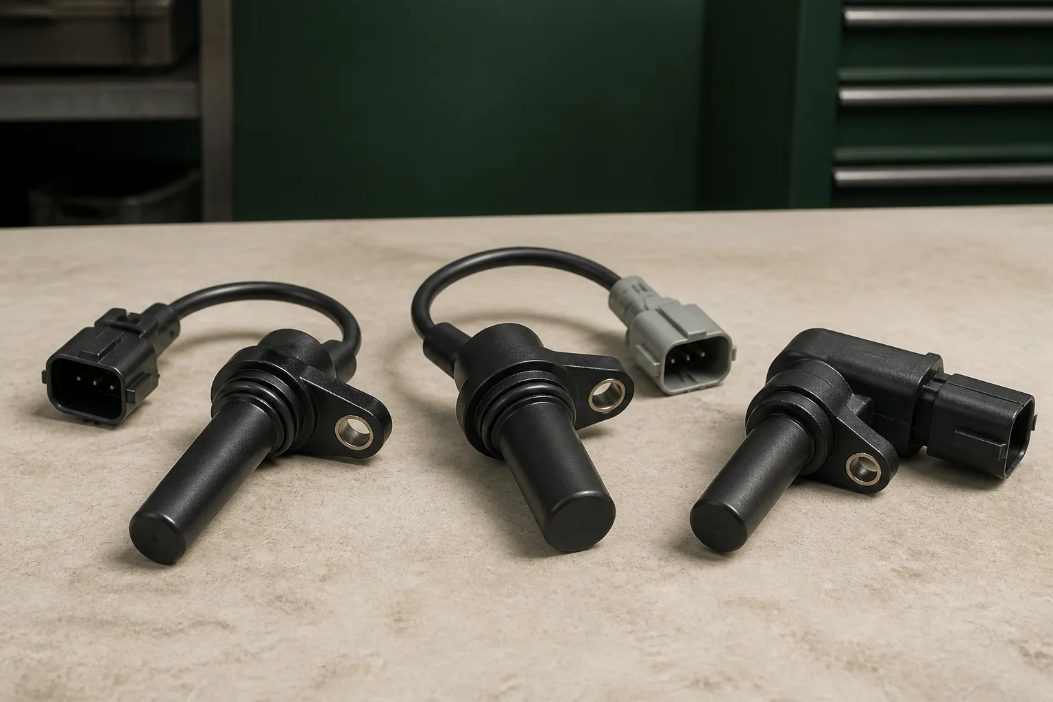 Unbranded crankshaft position sensor with long sensing tip, mounting ear, O-ring and keyed electrical connector