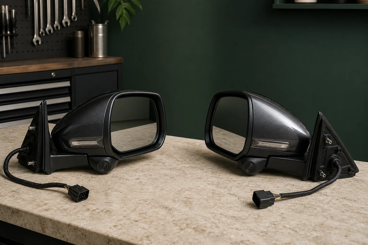 Unbranded left and right power door mirror assemblies with glass, painted caps, indicator lamps, mounting bases and wiring connectors