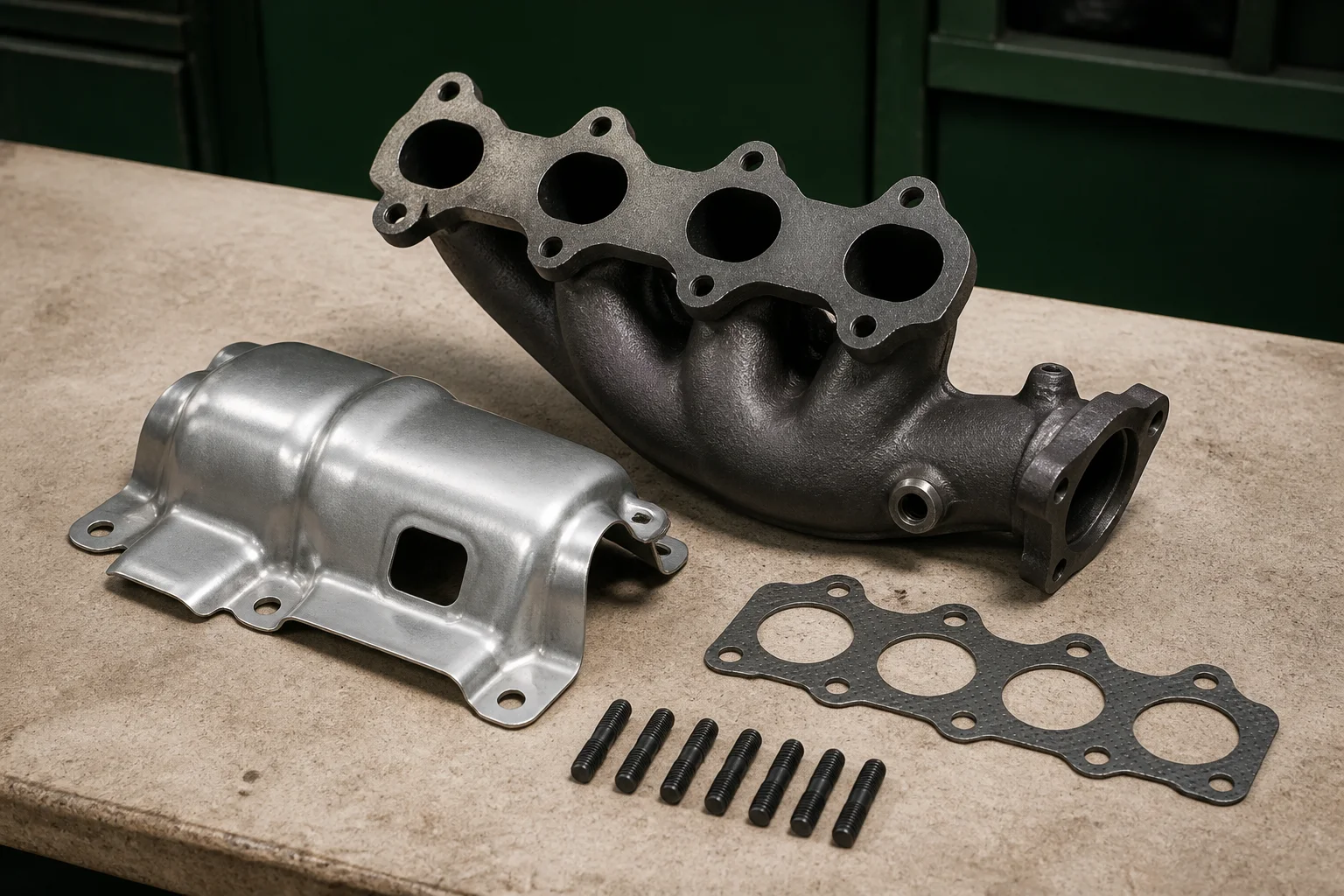 Unbranded cast automotive exhaust manifold with cylinder-head flange, outlet, sensor bung and removable heat shield