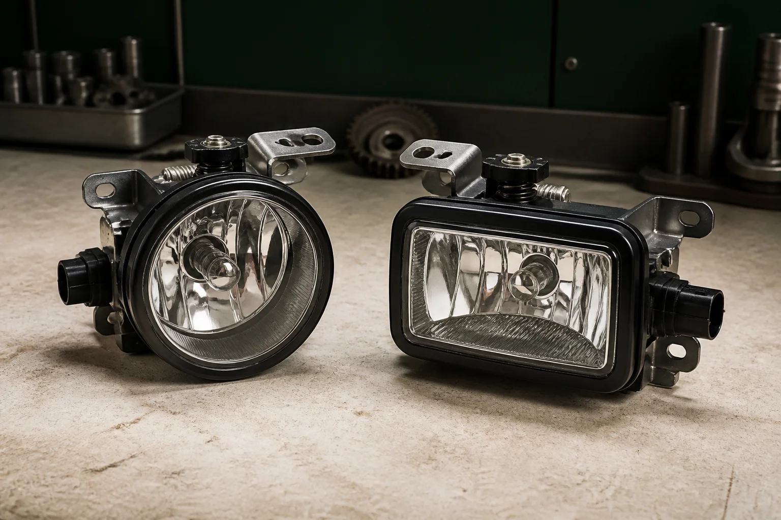 Unbranded round and rectangular automotive fog lamp assemblies with clear lenses, black bezels, brackets and electrical connectors