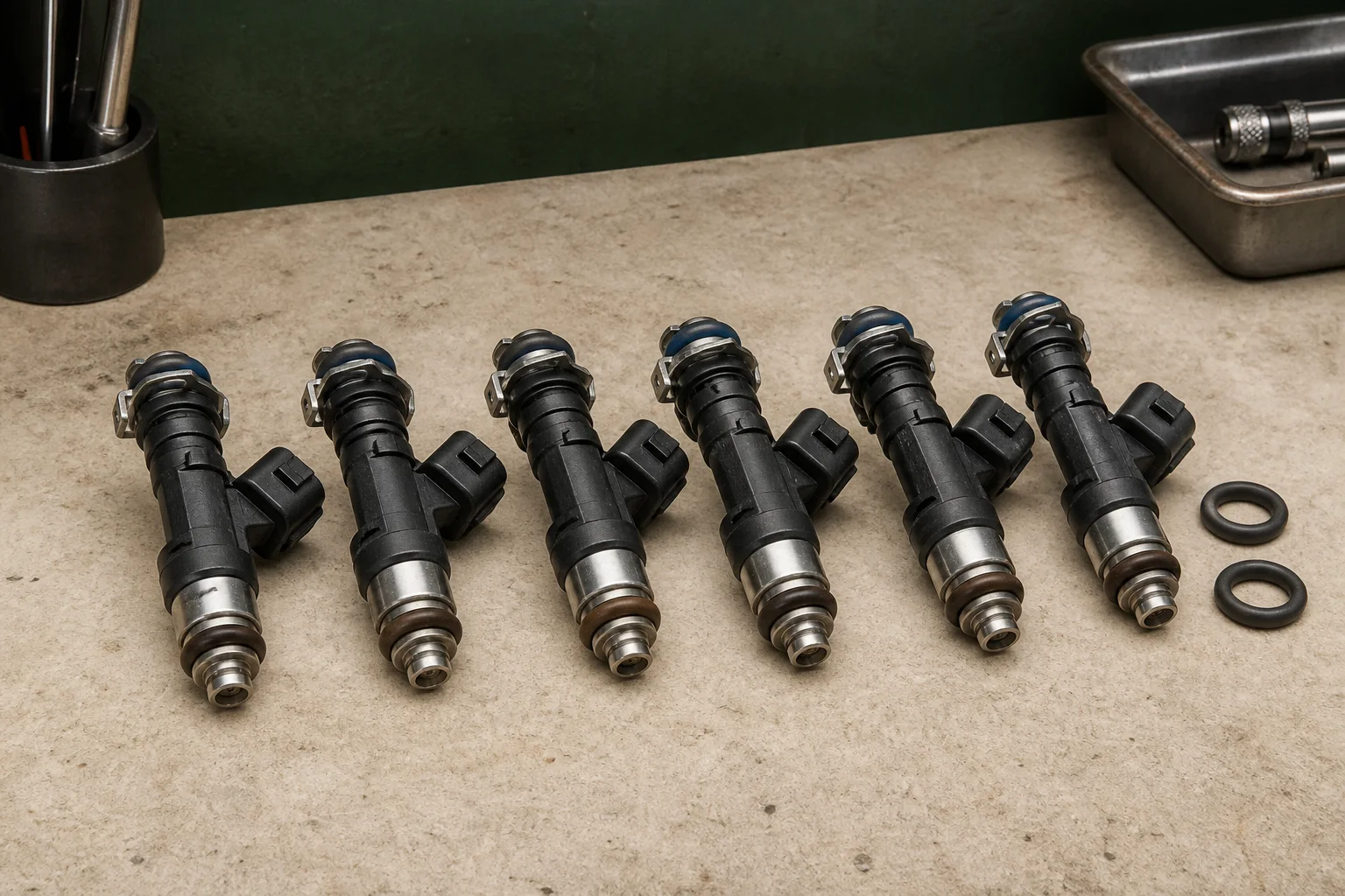 Set of unbranded automotive fuel injectors showing metal nozzles, electrical connectors, rail seals and retaining clips