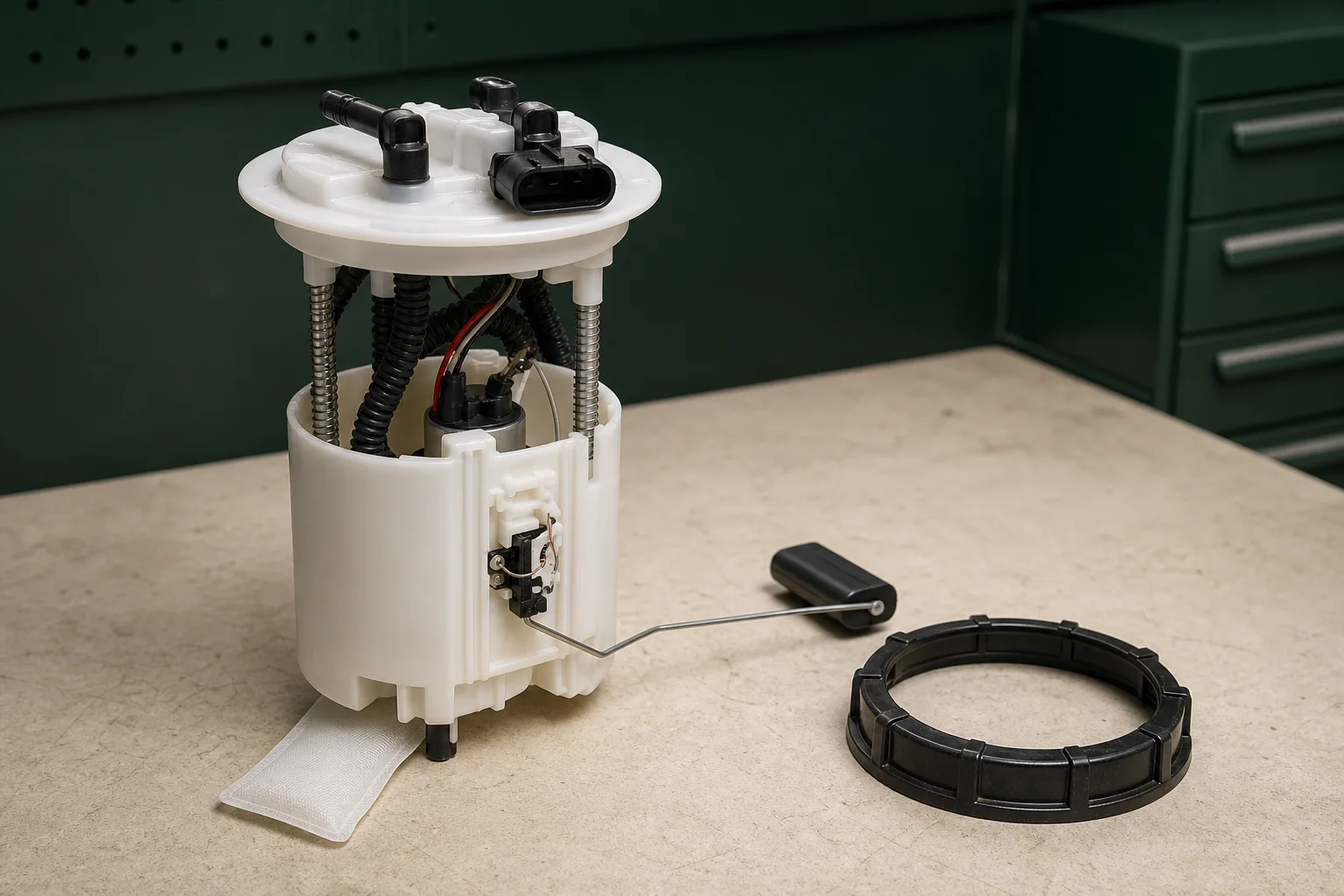 Unbranded in-tank electric fuel pump module with reservoir, strainer, level sender arm, top flange and connector
