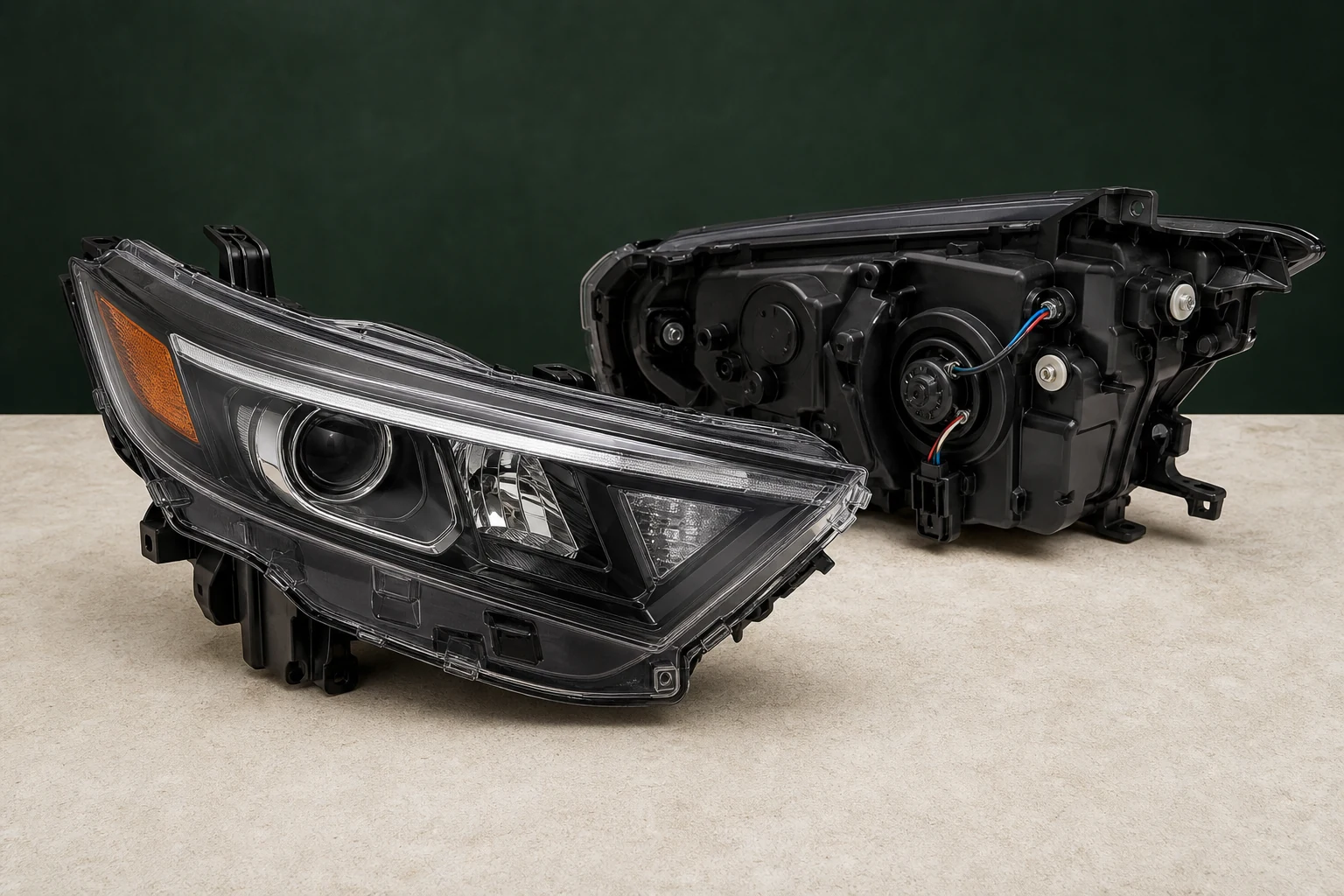 Unbranded left and right headlamp assemblies showing lens and rear housing differences