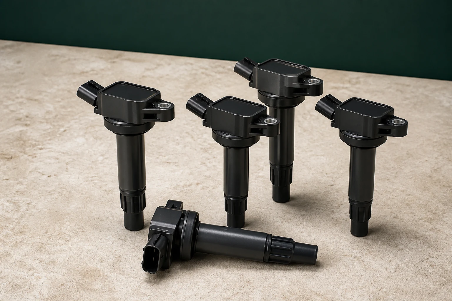Five unbranded ignition coils showing body, boot and connector variations