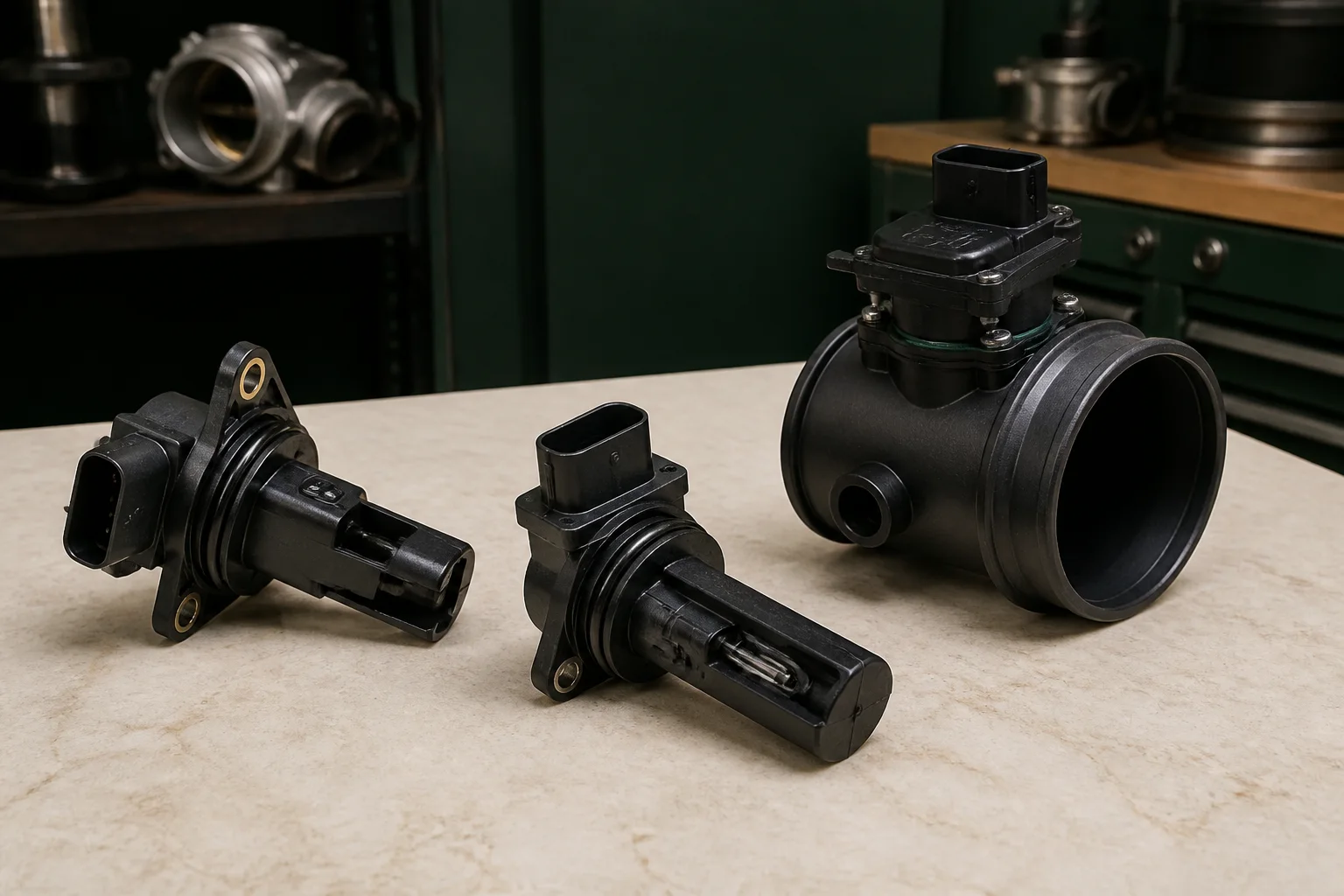 Unbranded mass air flow sensor with probe element, mounting flange, O-ring and keyed electrical connector