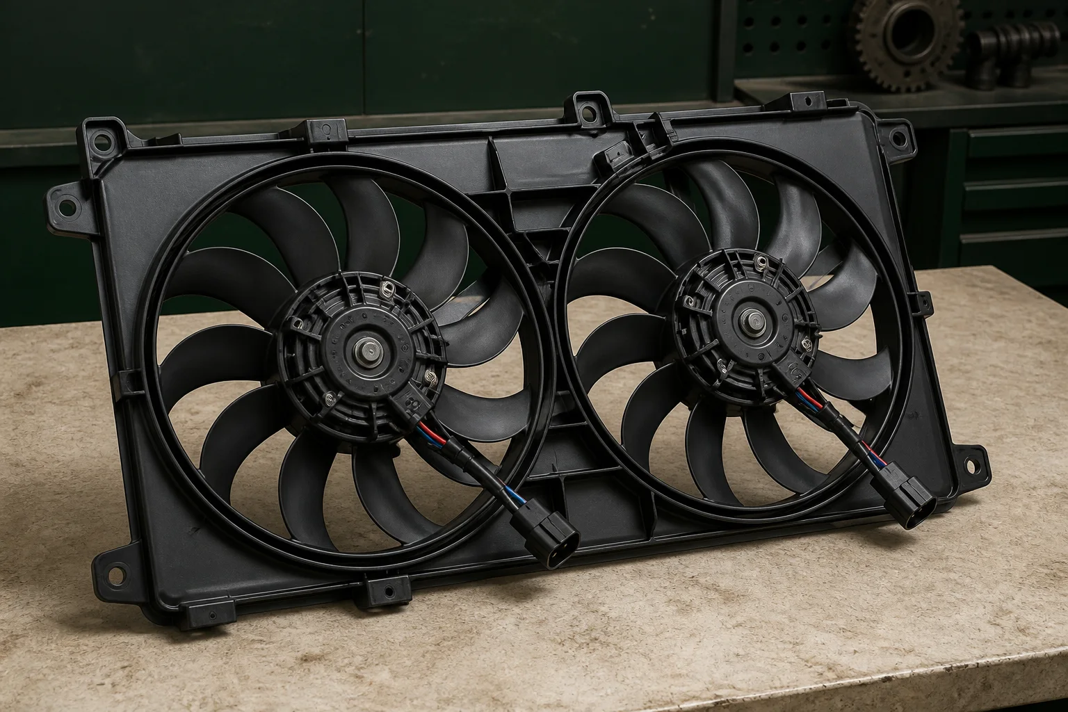 Unbranded dual electric radiator cooling fan assembly with molded shroud, motors, blades and electrical connectors
