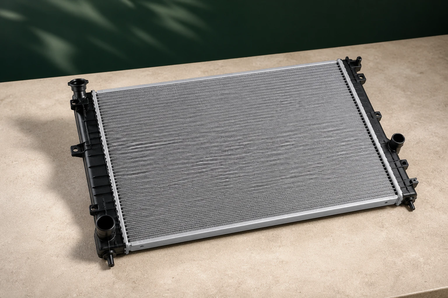 Unbranded aluminum radiator showing core, side tanks and hose-port layout