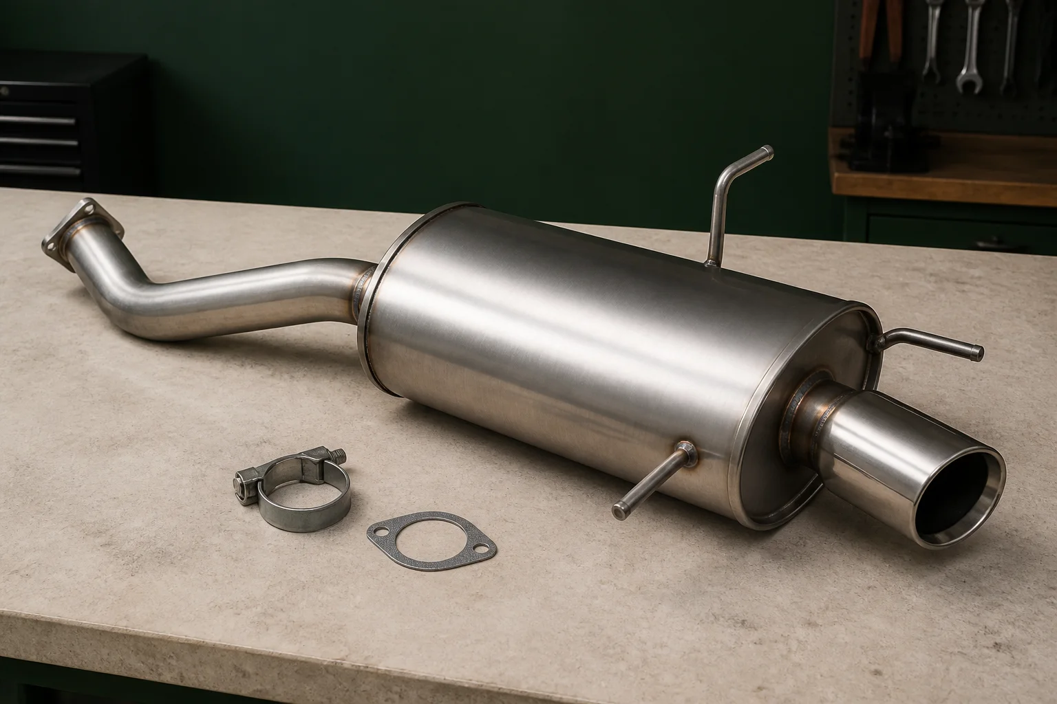 Unbranded transverse rear exhaust muffler with curved inlet pipe, tailpipe, welded hangers and silver metal body