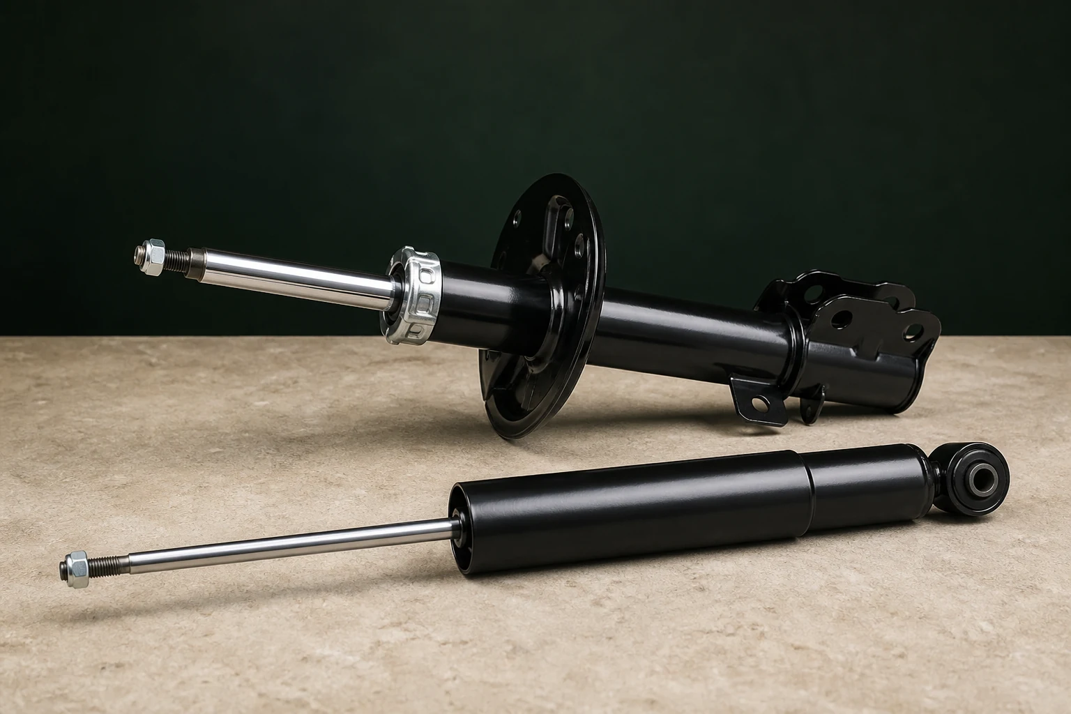 Unbranded front strut and rear shock absorber displayed for position comparison