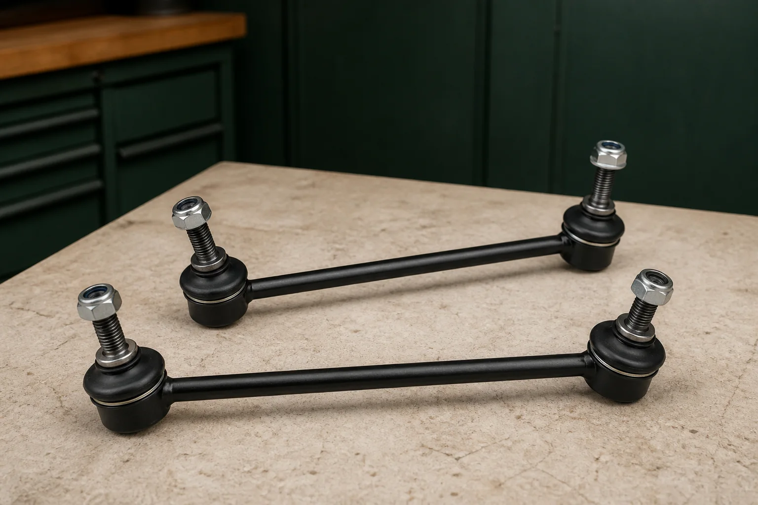Pair of unbranded stabilizer bar end links with ball joints, threaded studs, rubber boots and locking nuts