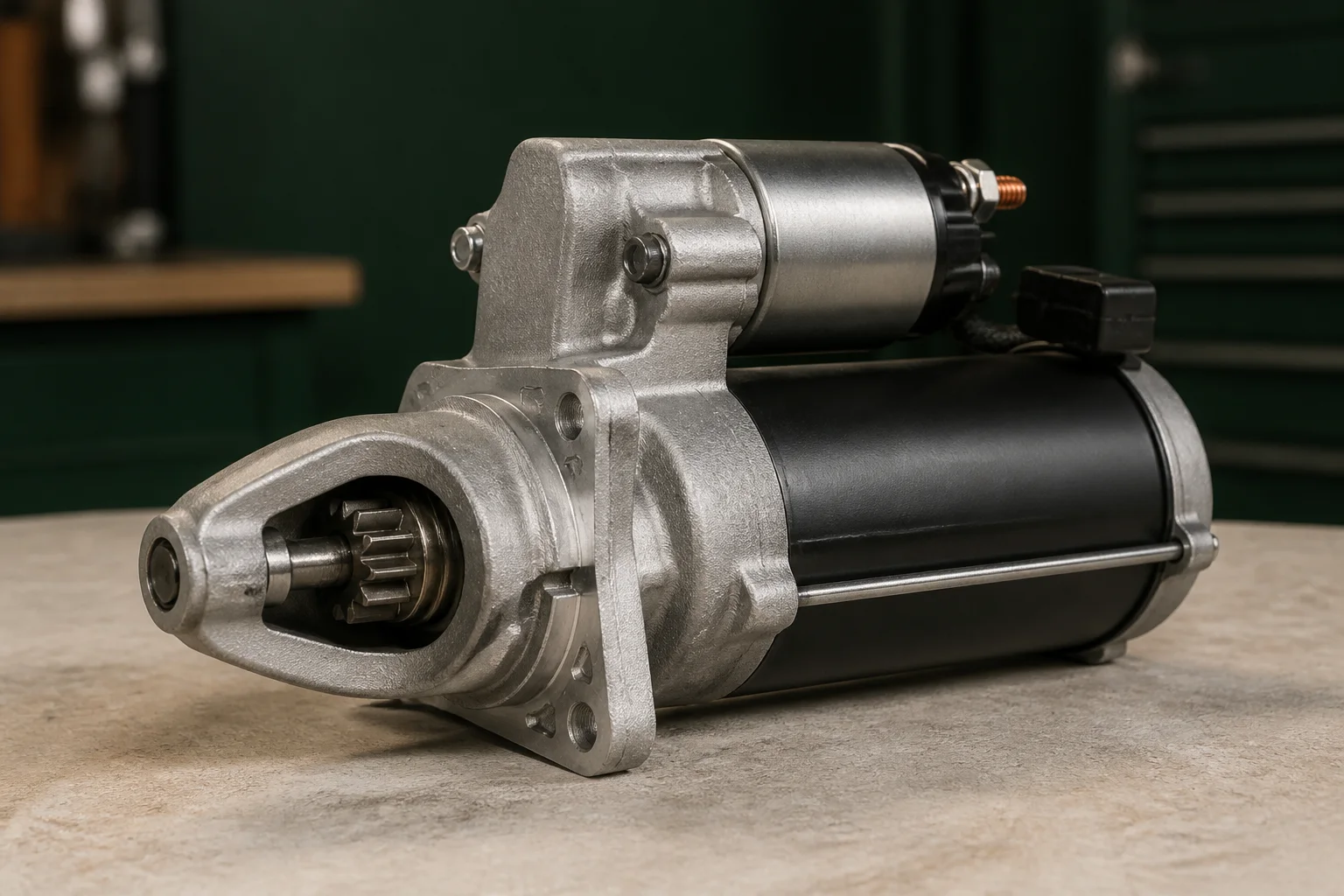 Unbranded automotive starter motor with cylindrical body, solenoid, pinion gear, cast mounting flange and terminals