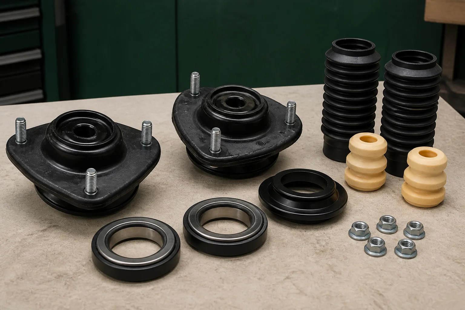 Unbranded automotive strut top mount kit with rubber mount, bearing, upper spring seat, dust boot and fasteners