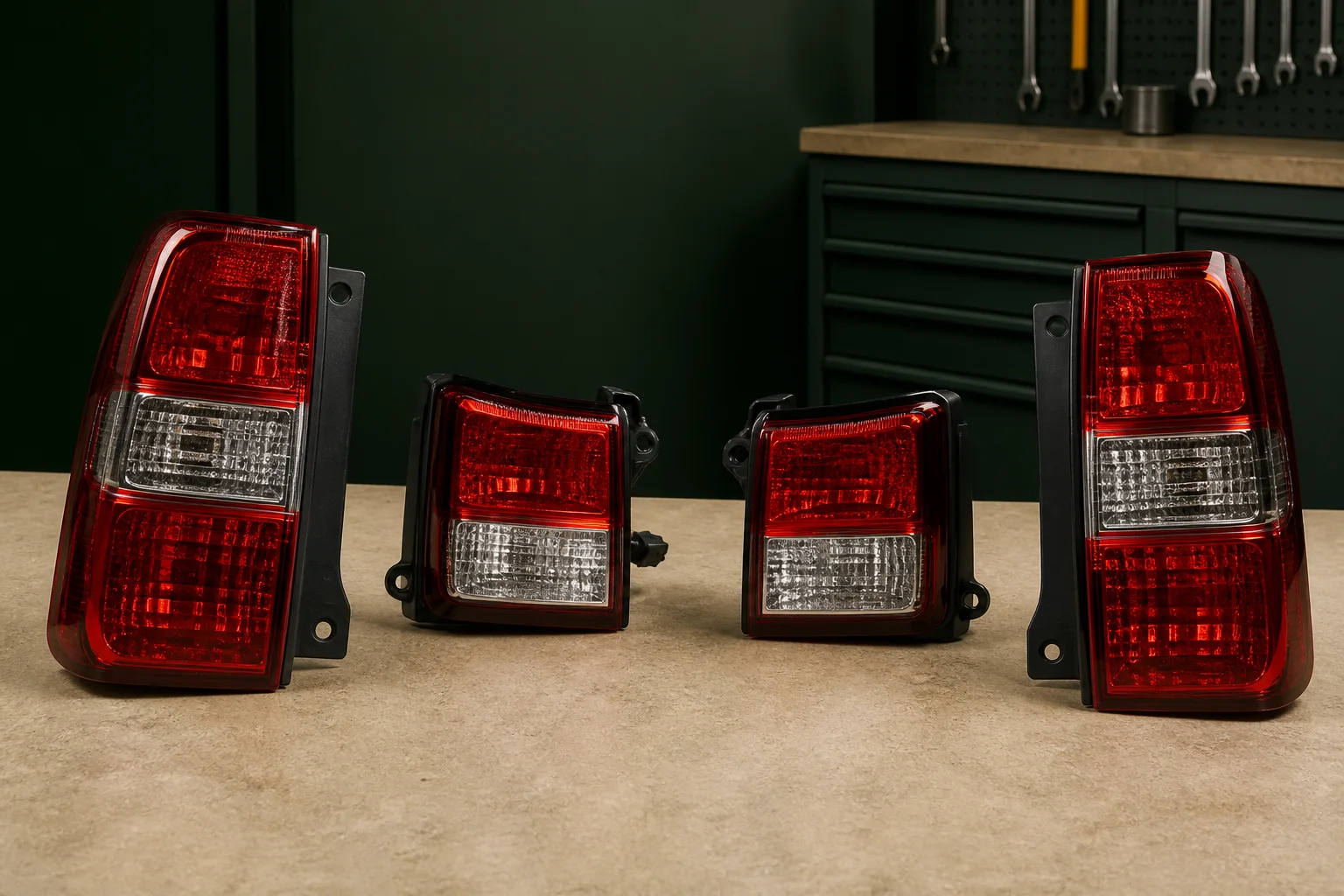 Unbranded left and right rear tail lamp assemblies showing red clear lenses, black housings, mounting tabs and connectors