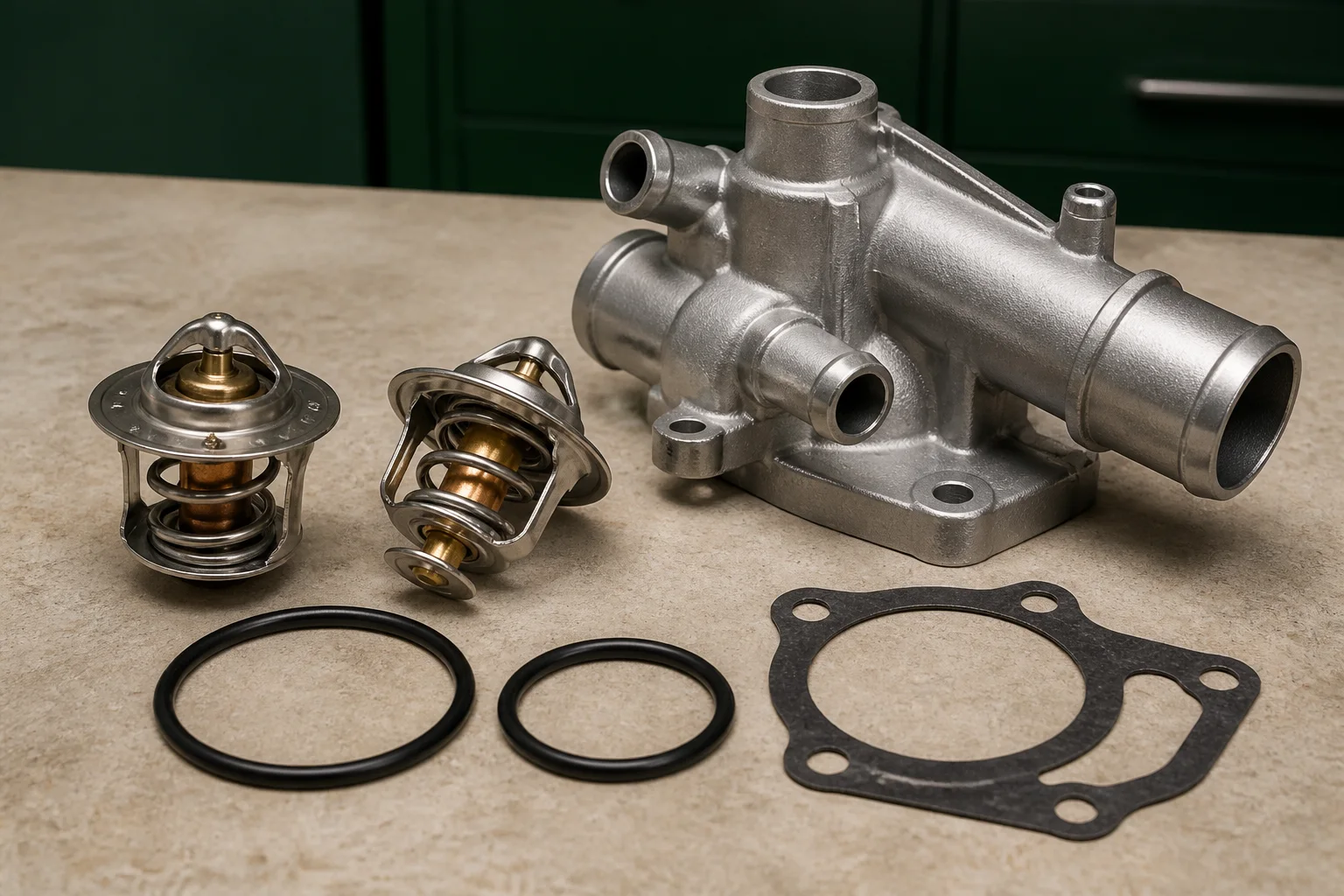 Unbranded automotive thermostat valves beside a cast multi-port thermostat housing and sealing rings on a workshop surface