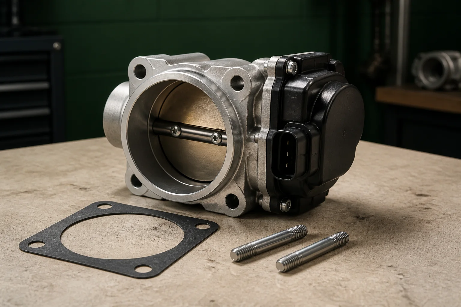Unbranded electronic throttle body showing round bore, butterfly plate, cast flange, motor housing and connector