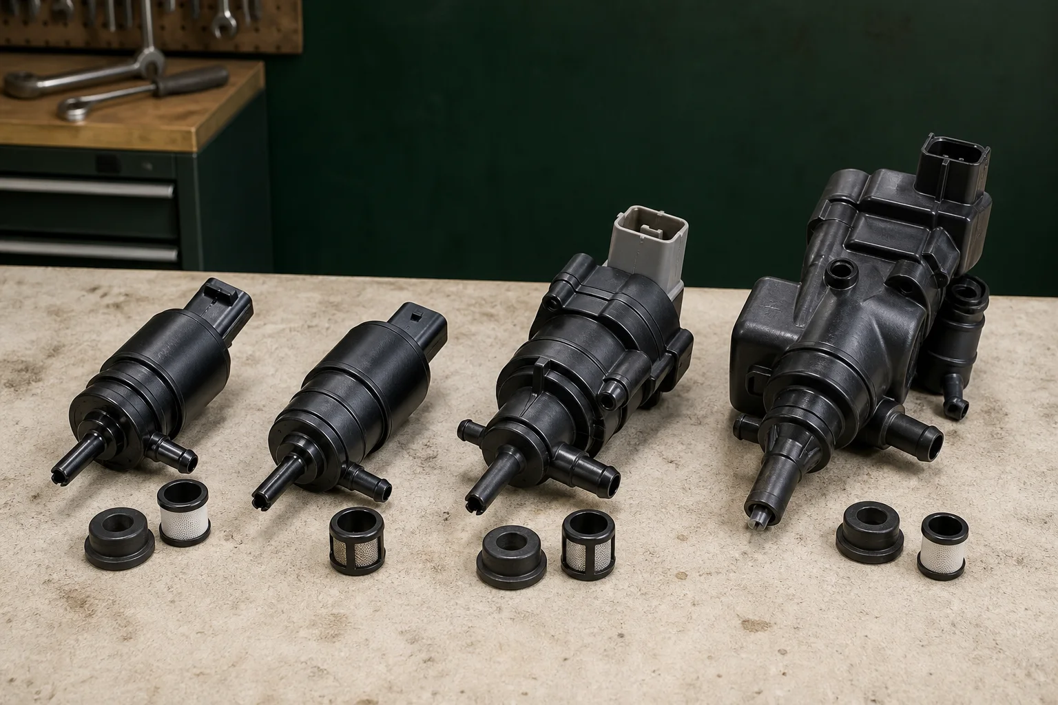 Unbranded windshield washer pumps with reservoir grommets, single and dual hose outlets and keyed electrical connectors