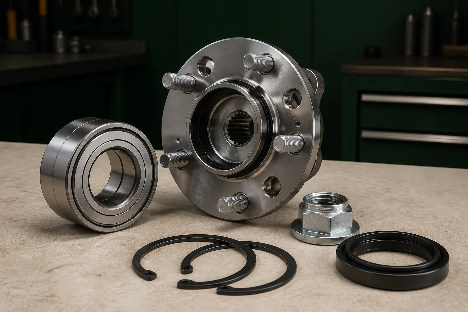 Unbranded sealed double-row wheel bearing with magnetic encoder seal, snap ring and separate wheel hub