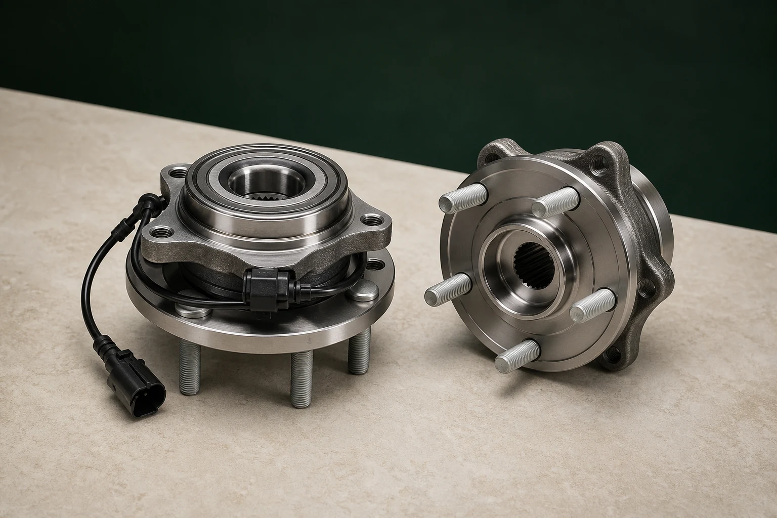Two unbranded wheel hub assemblies showing flange and ABS connector variations