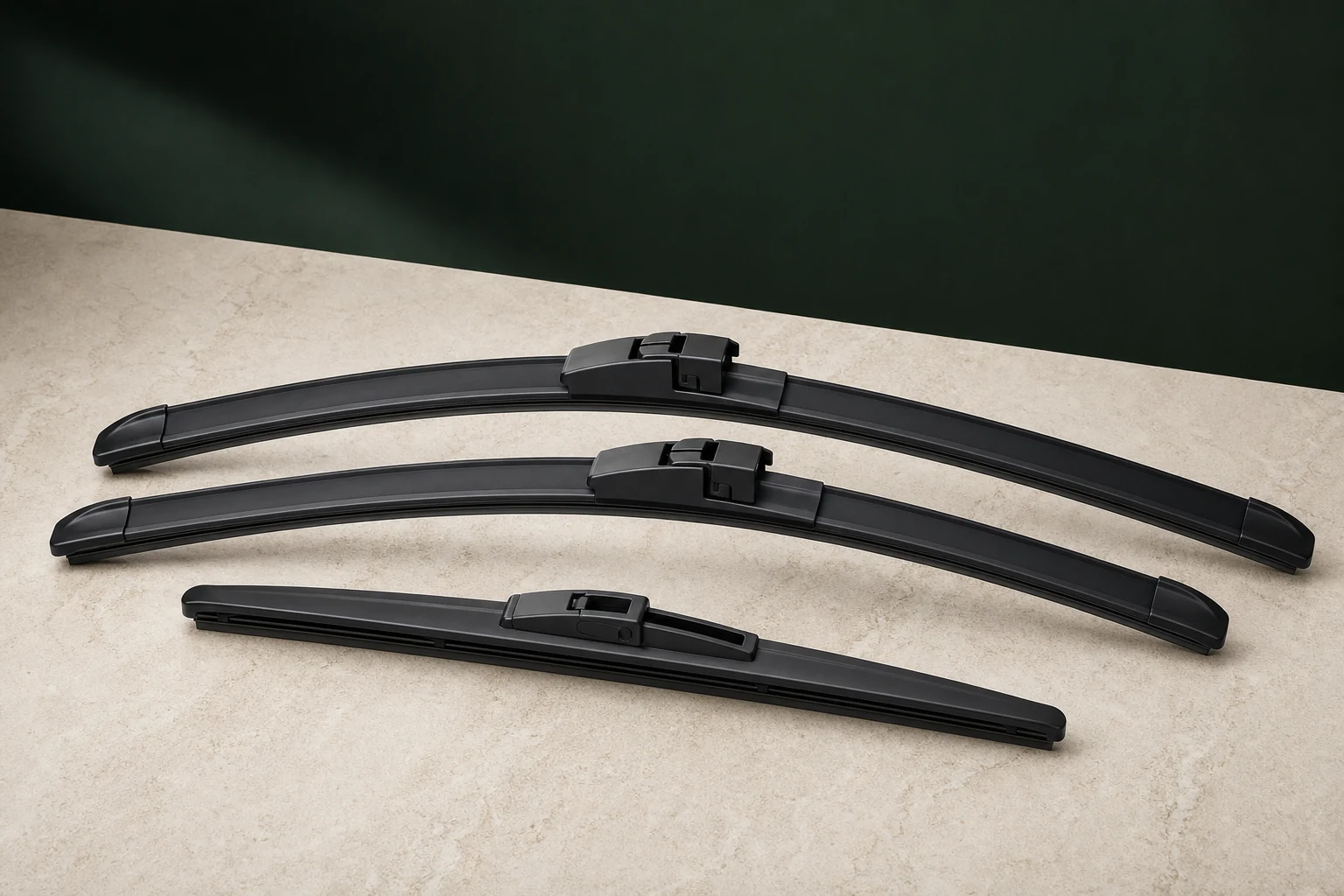 Three unbranded front and rear wiper blades showing different lengths and adapters