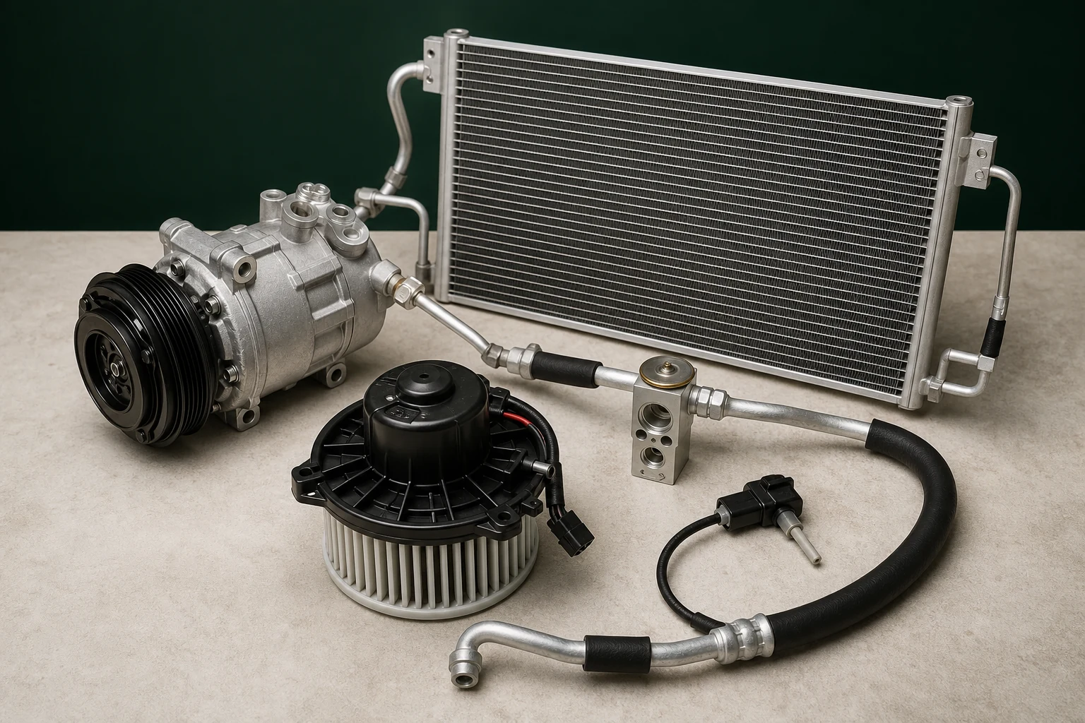 Unbranded A/C compressor, condenser, blower motor, refrigerant hose and sensor