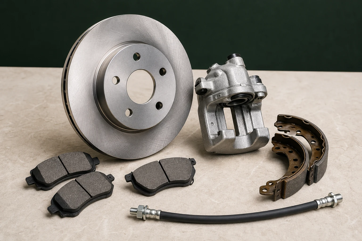 Unbranded brake disc, caliper, brake pads, parking-brake shoes and hose