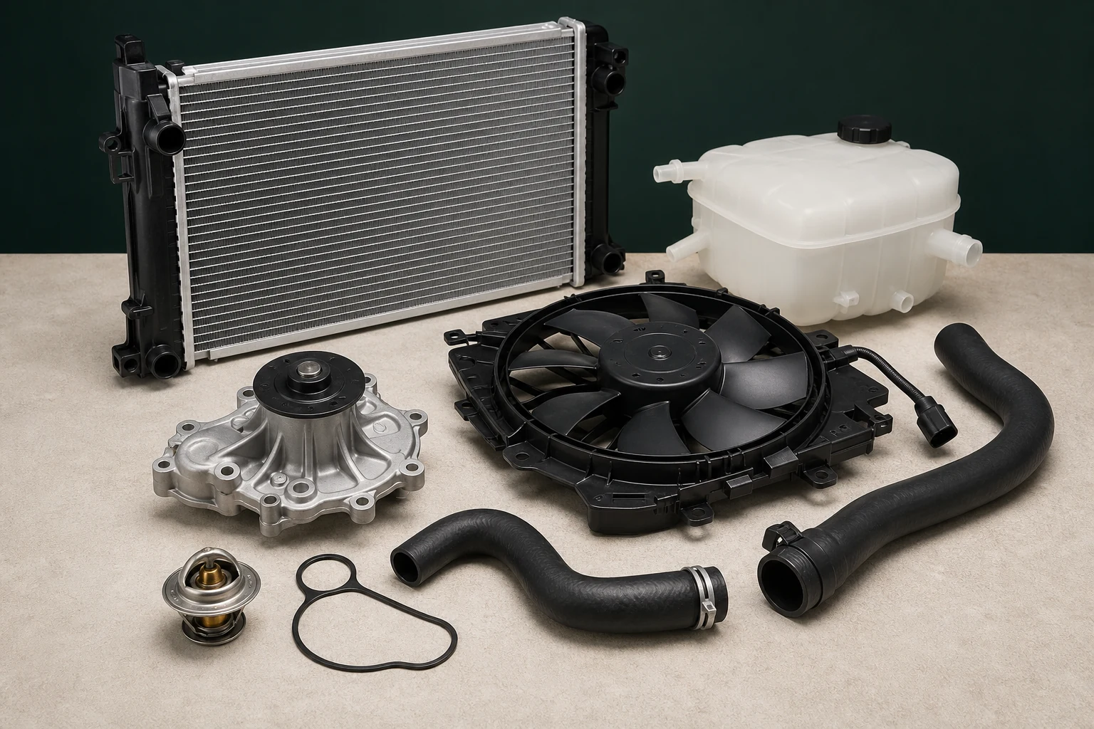 Unbranded radiator, water pump, cooling fan, reservoir, thermostat and hoses on a workbench