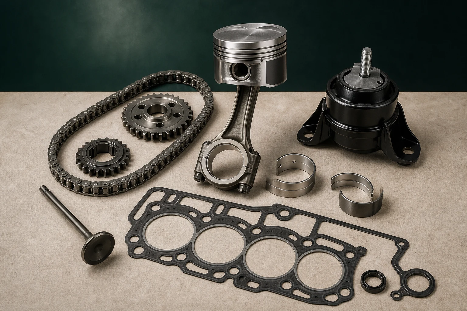 Unbranded engine rebuild parts including piston, timing set, gasket, valve and engine mount