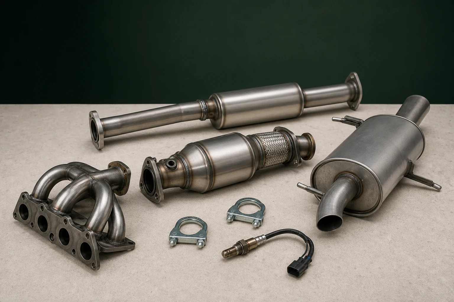 Unbranded exhaust manifold, catalytic sections, muffler, clamps and oxygen sensor