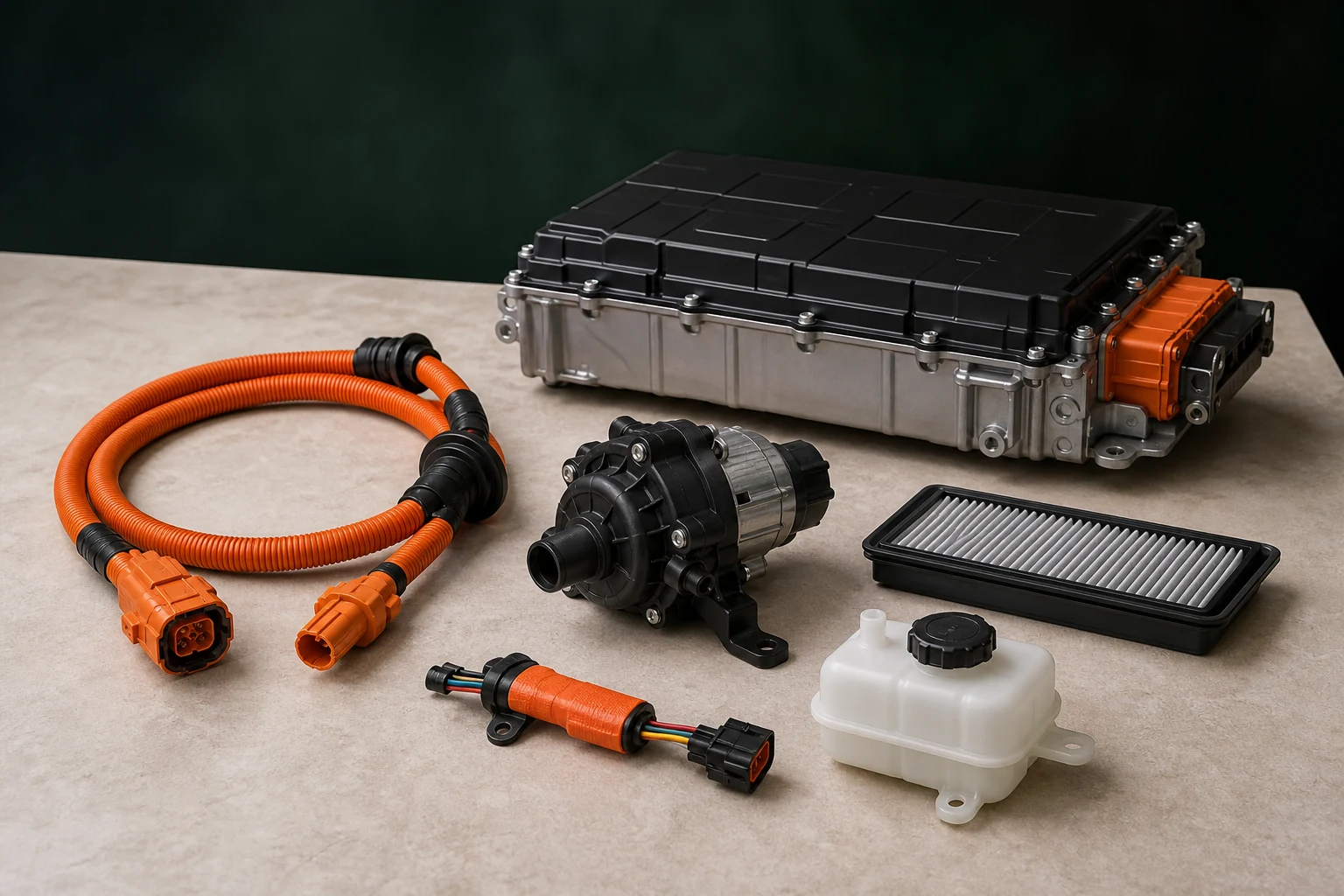 Unbranded hybrid cooling support parts, orange service cables, pump, filter and reservoir